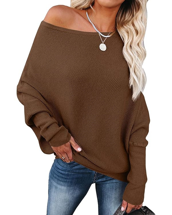 ANRABESS Womens Off Shoulder Sweaters 2025 Fall Long Batwing Sleeve Loose Fit Knit Tops Casual Pu... | Amazon (US)