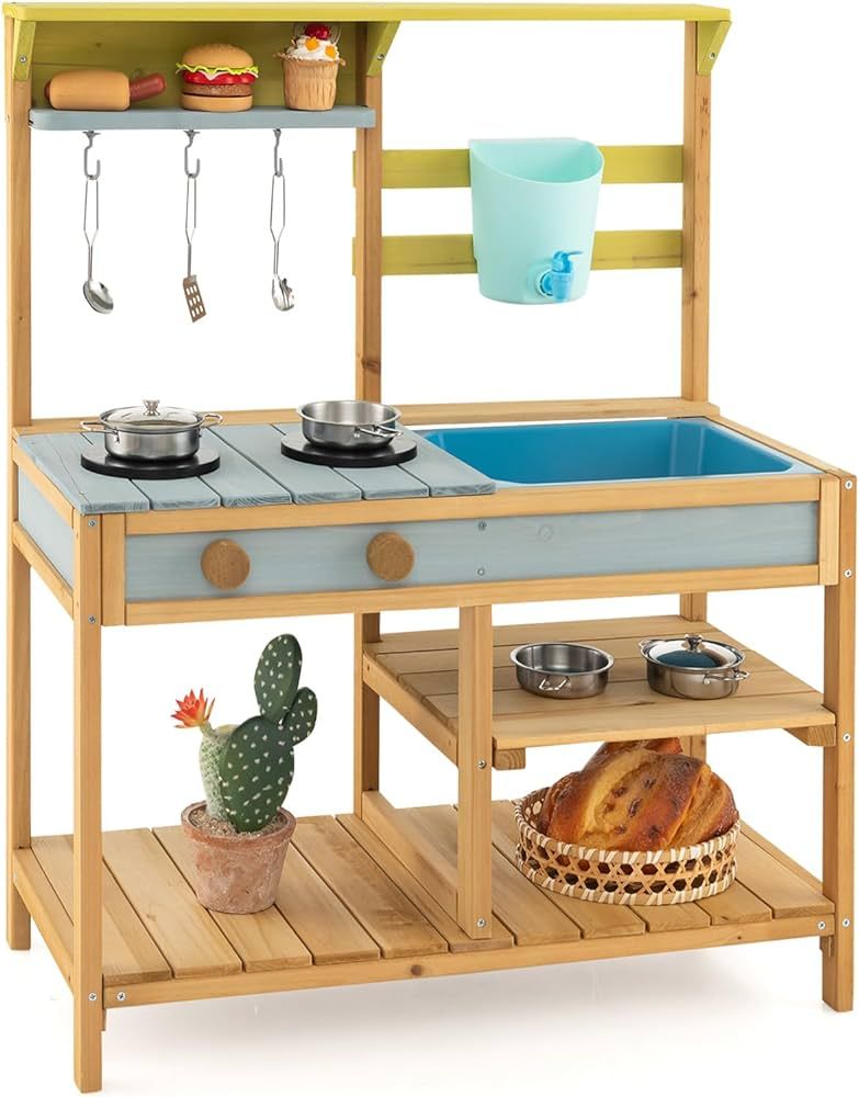 Costzon Wooden Kids Play Kitchen, Outdoor Mud Kitchen with Removable Sink, Water Box & Faucet, St... | Amazon (US)