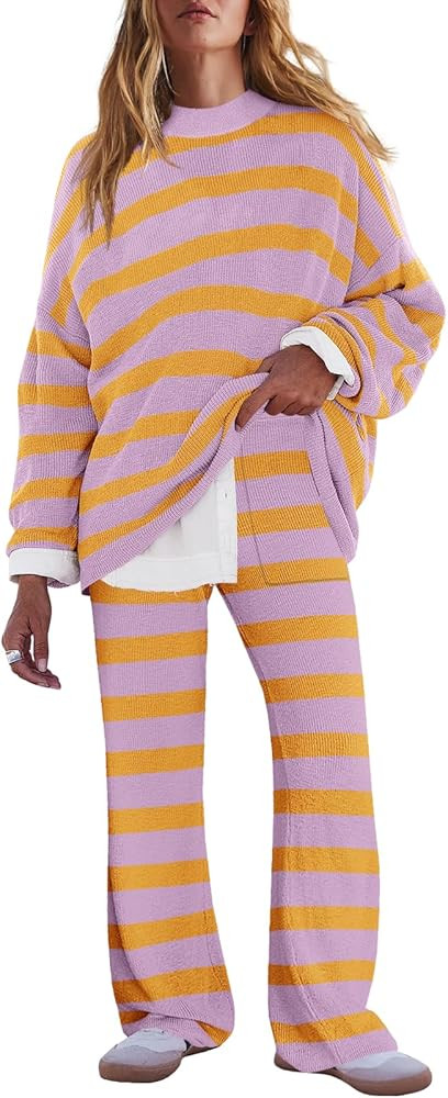 LAMISSCHE Oversized Womens Lounge Set Striped Sweater Set Long Sleeve 2 Piece Pajama Set Top and ... | Amazon (US)