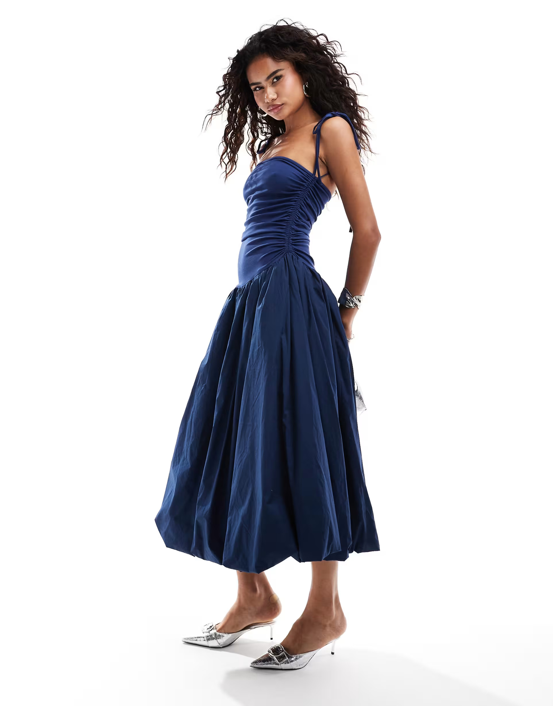 Amy Lynn Alexa shoulder tie puffball midi dress in navy | ASOS | ASOS (Global)