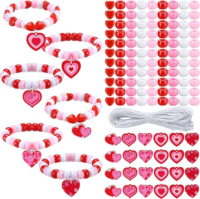 Ecally 36 Sets Valentine's Day Bead Wristband Craft Kit DIY Bead Craft Kit Red Pink Beads Heart f... | Amazon (US)