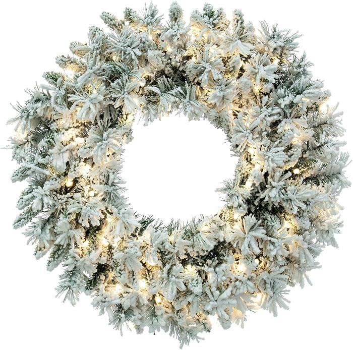 Vickerman 42" Flocked Snow Ridge Artificial Christmas Wreath, Warm White LED Lights - Faux Snowy ... | Amazon (US)