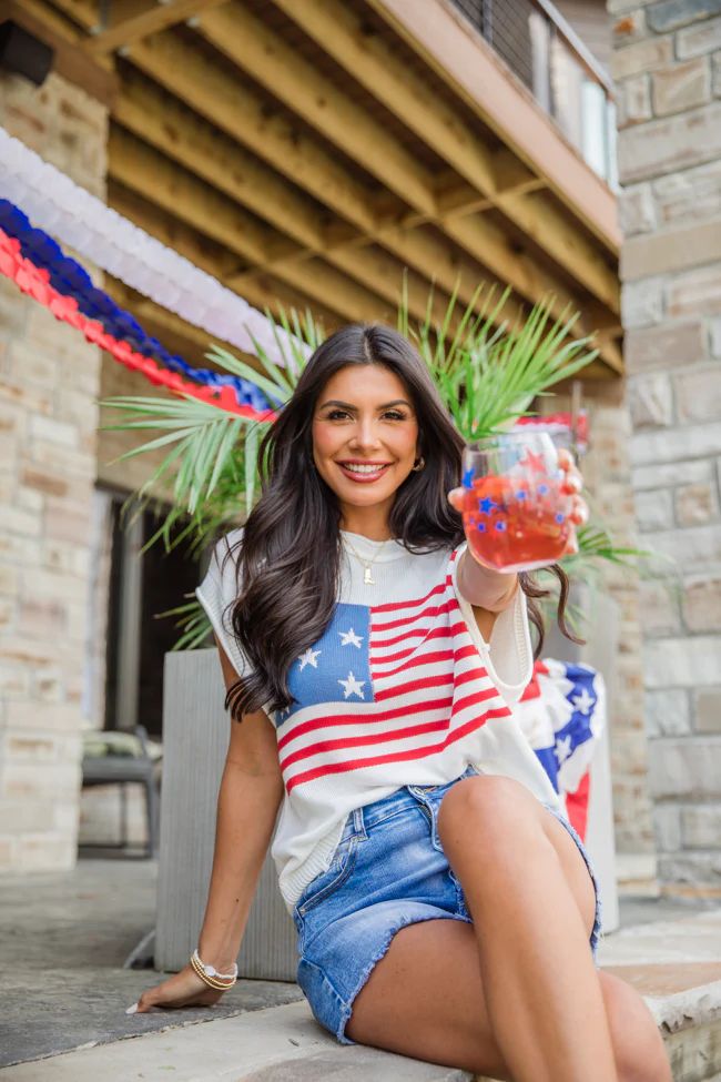 Oh My Stars And Stripes Cream Short Sleeve Flag Sweater With Distressed Hem | Pink Lily