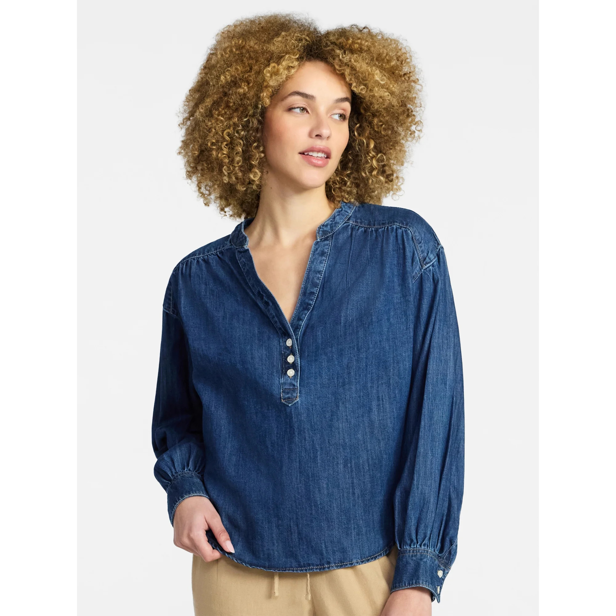 Time and Tru Women's Popover Denim Top with Long Sleeves, Sizes XS-XXXL | Walmart (US)
