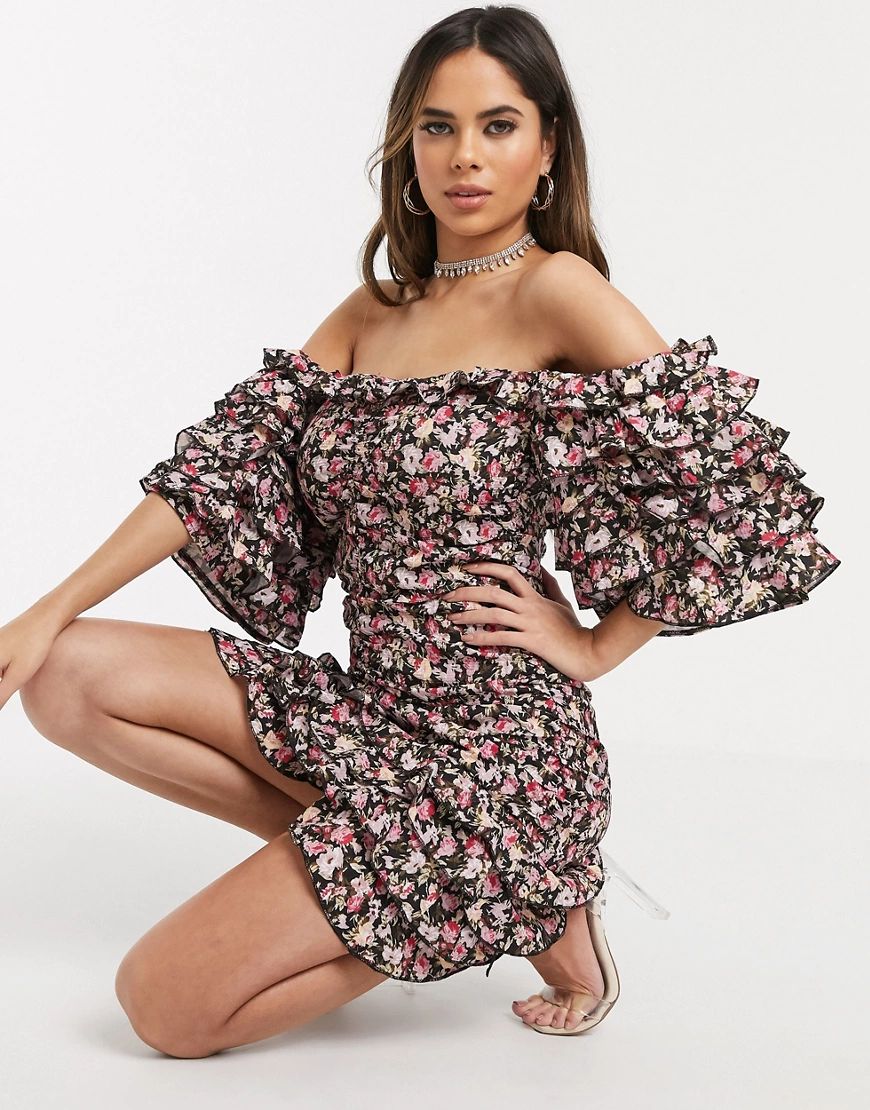 In The Style ruffle off shoulder dress in floral-Multi | ASOS (Global)
