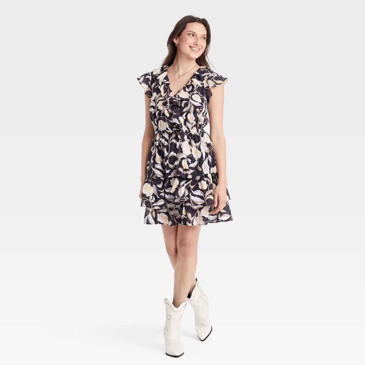 Women's Short Sleeve Mini A-Line Dress - Universal Thread™ Black Floral | Target