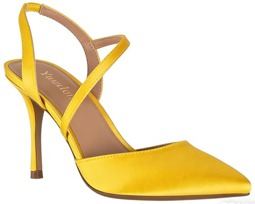 Closed Toe Satin Yellow High Heels for Women's Pumps Stiletto Heel 3.3 Inch Ankle Strap Pointed Toe Shoes Prom Dress Bride Satin Shoes for Wedding Dinner Party Sexy Yellow | Amazon (US)