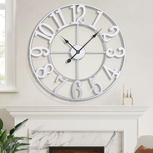 LEIKE Large Wall Clock - 24 Inch Retro Farmhouse Silent Non-Ticking Battery Operated Indoor Outdoor Oversized Decorative Silver Metal Wall Clocks for Living Room, Dinner Room, Office Decor | Amazon (US)