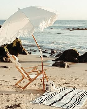 Business & Pleasure Co. Holiday Umbrella - White Boho Beach Umbrella with Fringe - UPF 50+ Blocks... | Amazon (US)