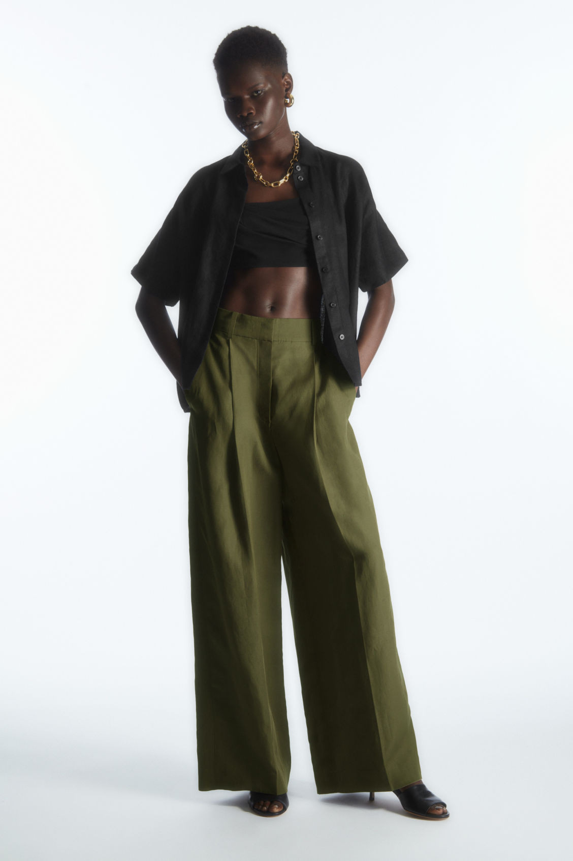HIGH-WAISTED WIDE-LEG TROUSERS - DARK KHAKI - COS | COS UK