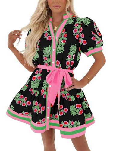 Wenrine Womens Summer Floral Mini Dress Puff Short Sleeve V Neck Boho Dress | Amazon (US)