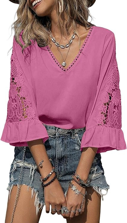 SHEWIN Womens Blouses V Neck T Shirts Pullover 3/4 Length Sleeve Tops Business Casual Spring Outf... | Amazon (US)