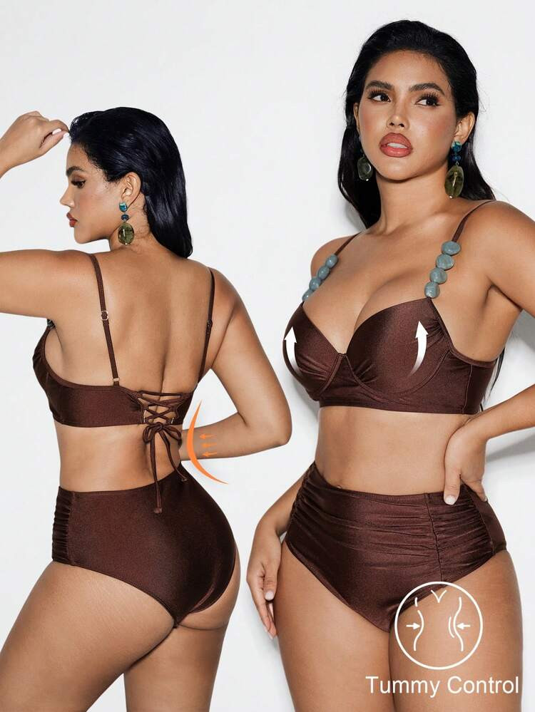 Shapewave 2pcs Women's Shaping Underwire Padded Bikini Set, Criss-Cross Back Tie Design, Side Ruched Panty, Suitable For Summer Beach Vacation Brown 2 Piece Set Brown Bathing Suit Women Curve Bathing Suit Set Brown Bikini Set | SHEIN