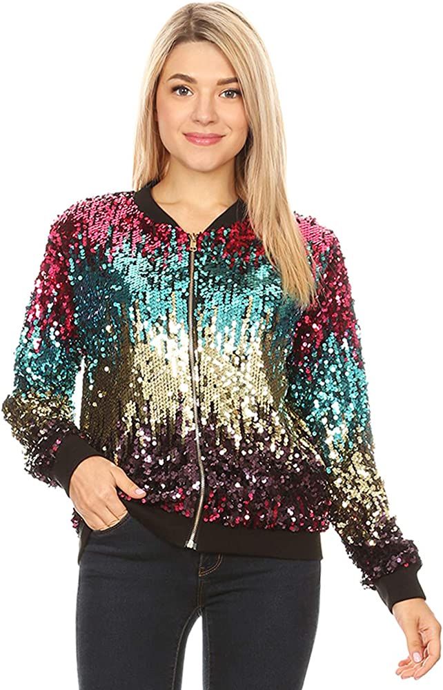 Anna-Kaci Womens Sequin Long Sleeve Front Zip Jacket with Ribbed Cuffs | Amazon (US)