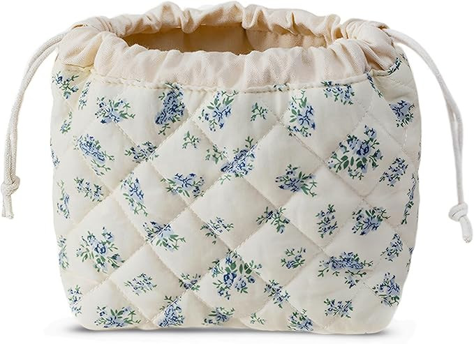 HAPPYHEIDI Large Floral Quilted Cotton Drawstring Makeup Bag Compartment Cosmetic Toiletry Access... | Amazon (US)
