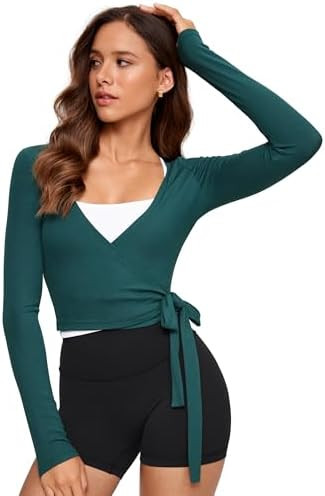 Womens V-Neck Long Sleeve Cross Wrap Top Slim Fit Soft Knit Layering Shirt Casual Yoga Gym Bandag... | Amazon (US)
