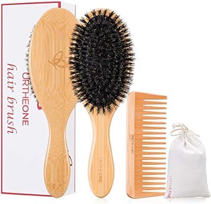 Boar Bristle Hair Brush and Comb Set for Women men and Kids, Best Natural Bamboo Oval Paddle Hair... | Amazon (US)