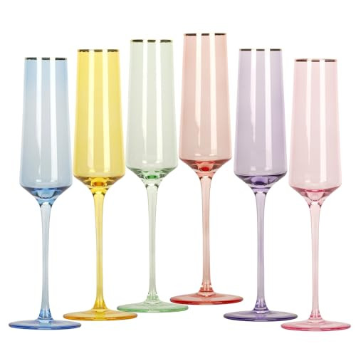 mopam Colored Champagne Flutes Set of 6 Multi-color 8.8 Oz Champagne Glass Crystal Glasses Elegant Gift for Wedding Party Birthdays Engagement Bridal Shower | Amazon (US)