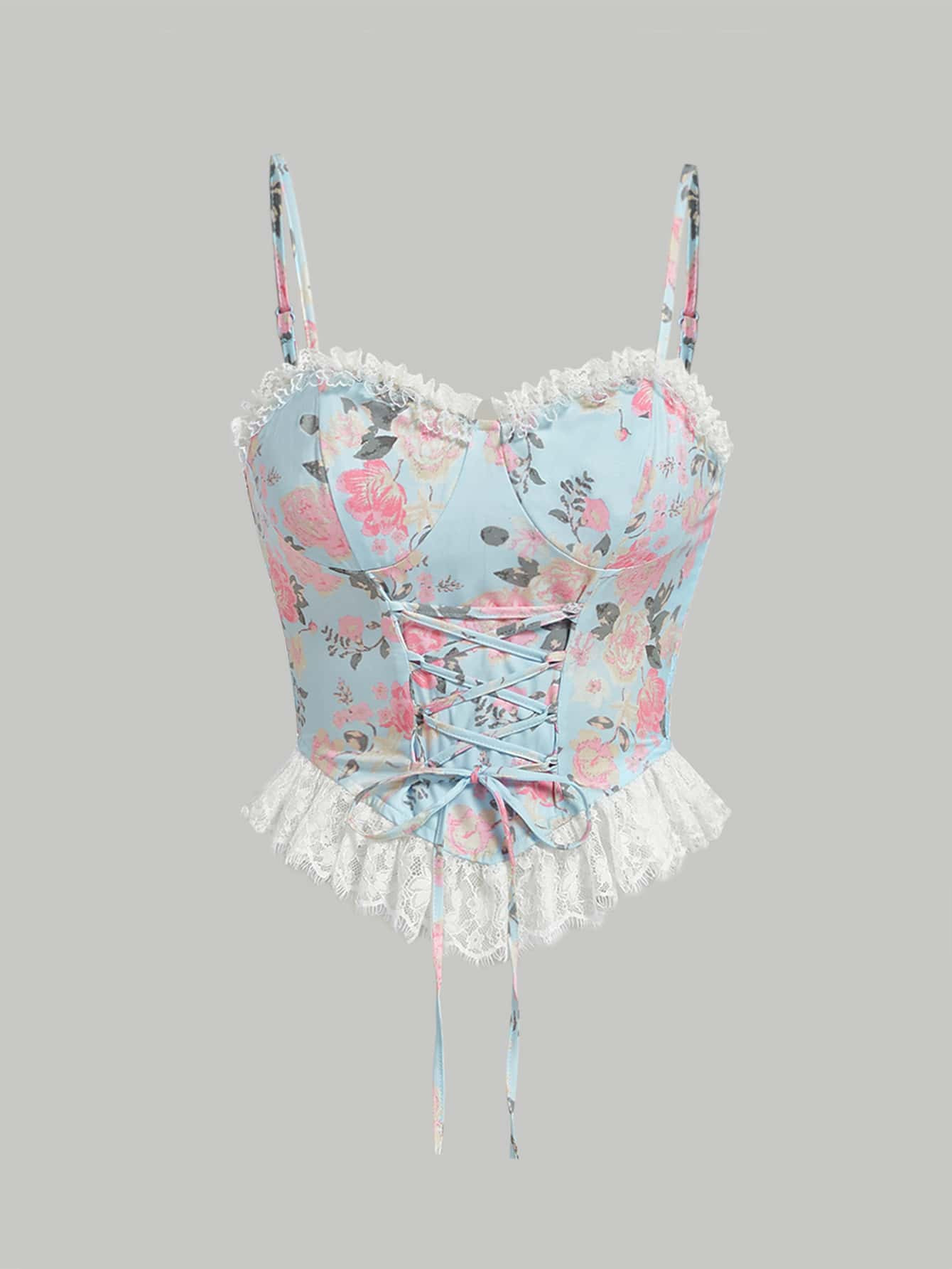 SHEIN MOD Floral Print Lace Up Front Lace Trim Cami Top | SHEIN