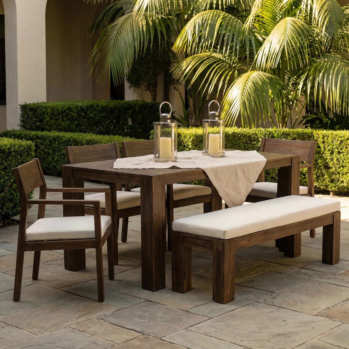 Keaton  6-Piece Rustic Patio Dining Set with Acacia Wood Table and Weather-Resistant Cushions | Wayfair North America
