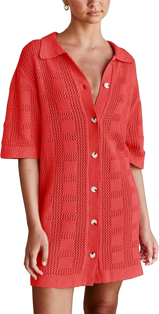 Lumister Summer Knit Shirt Dress for Women Crochet Button Front Shirt Dress Cover Up Bathing Suit... | Amazon (US)