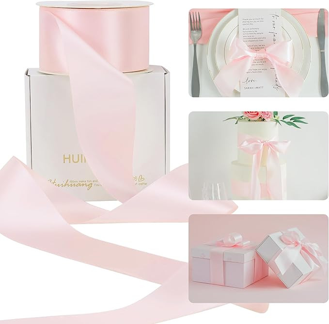 HUIHUANG Pink Ribbon 2 inch Wide Double-Faced Baby Pink Satin Silk Ribbon for Flower Bouquet Wrap... | Amazon (US)