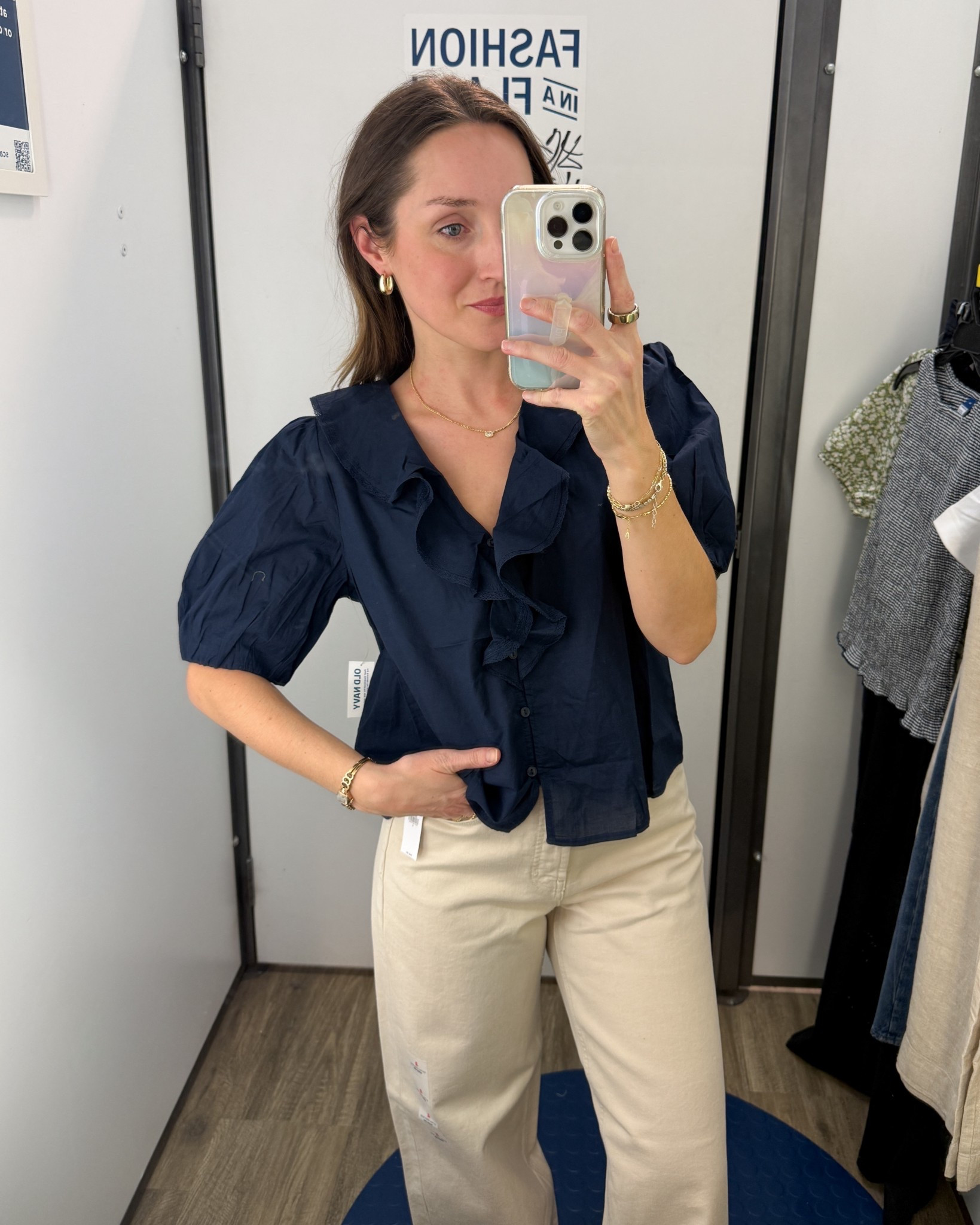 The top is very cute and 100% cotton. I am wearing a size XS. Grab it now for 50% off. Also looks great tucked in. ￼