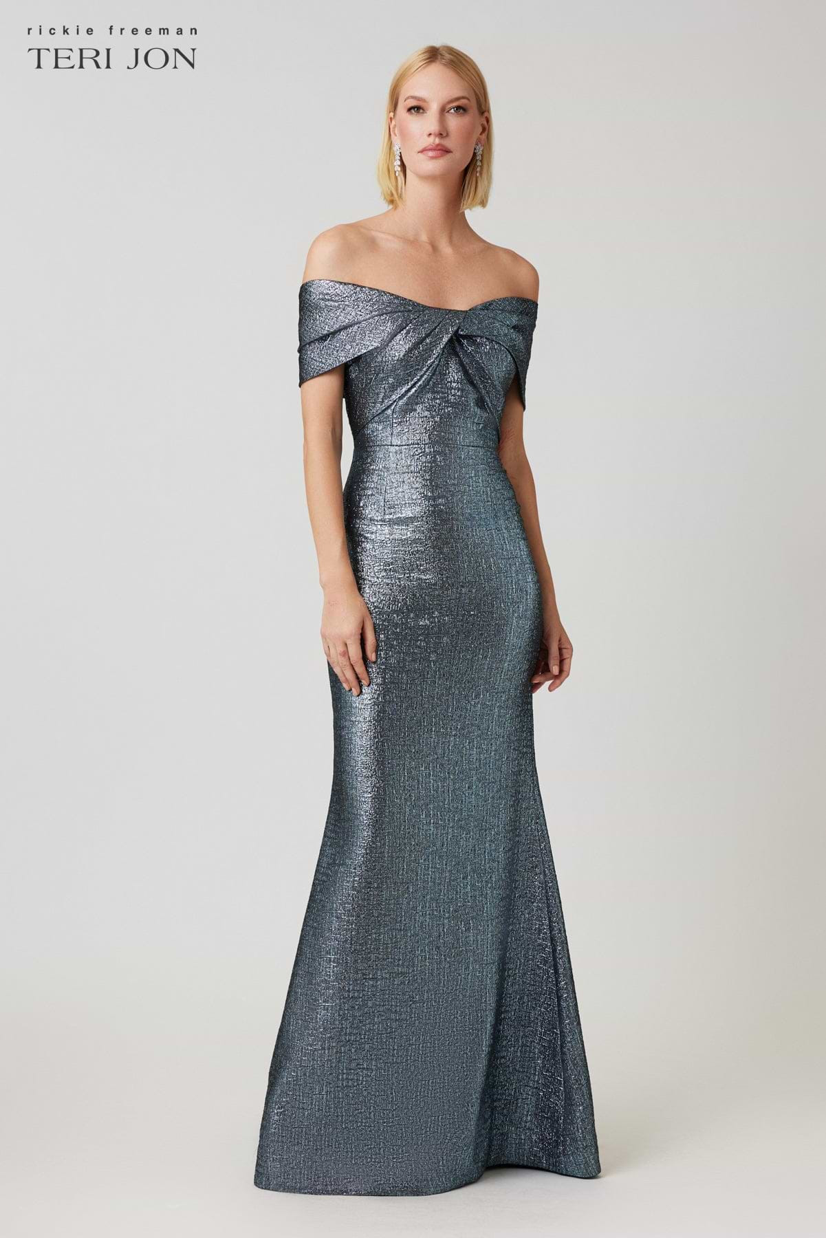 Metallic Jacquard Twist Bodice Off The Shoulder Gown | TERI JON