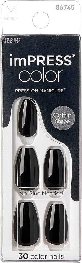 KISS imPRESS No Glue Mani Press On Nails, Color, 'All Black', Black, Medium Size, Coffin Shape, I... | Amazon (US)