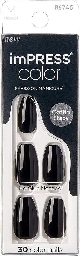 KISS imPRESS No Glue Mani Press On Nails, Color, All Black', Black, Medium Size, Coffin Shape, In... | Amazon (US)