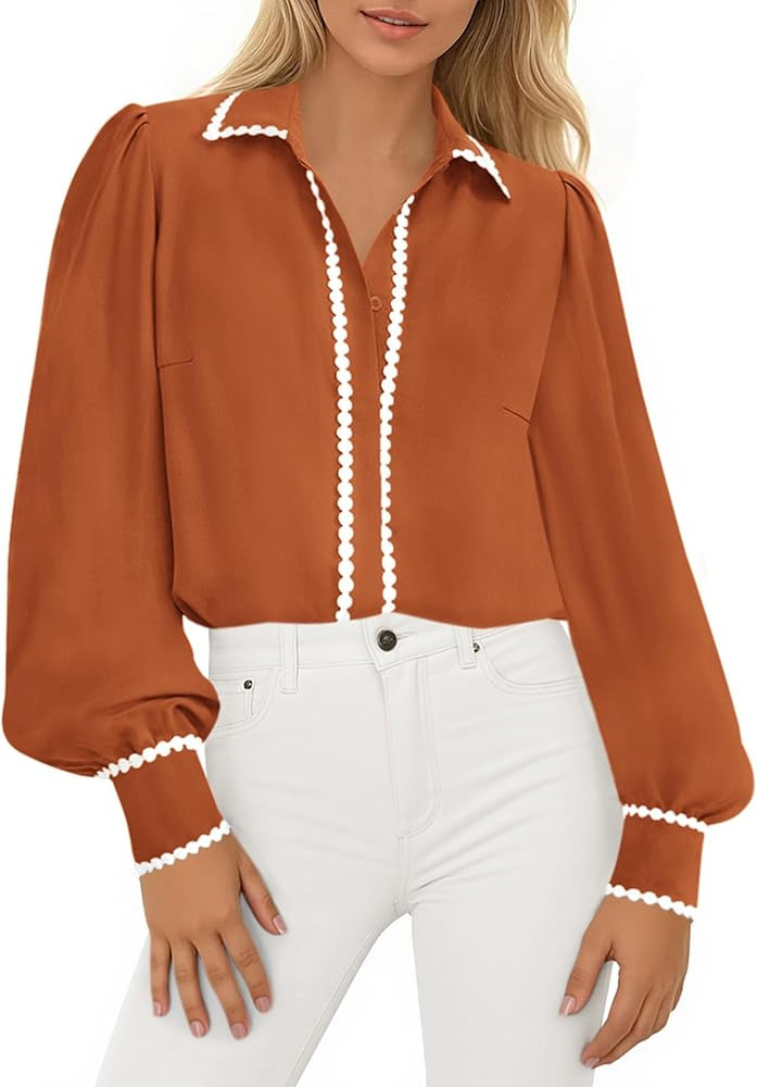 PRETTYGARDEN Womens Long Sleeve Button Down Shirts 2025 Trendy V Neck Loose Fit Fall Tops Collare... | Amazon (US)