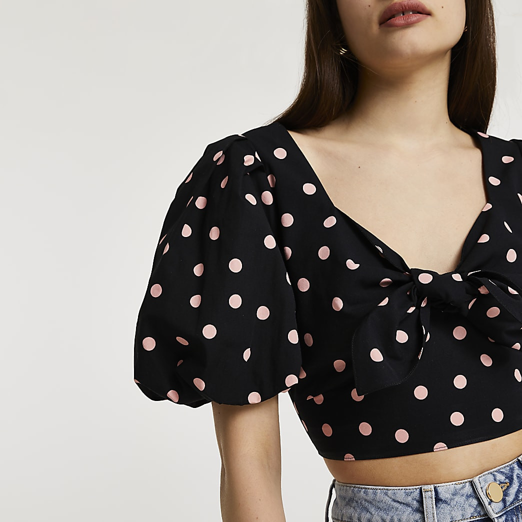 Black short puff sleeve tie front crop top | River Island (UK & IE)
