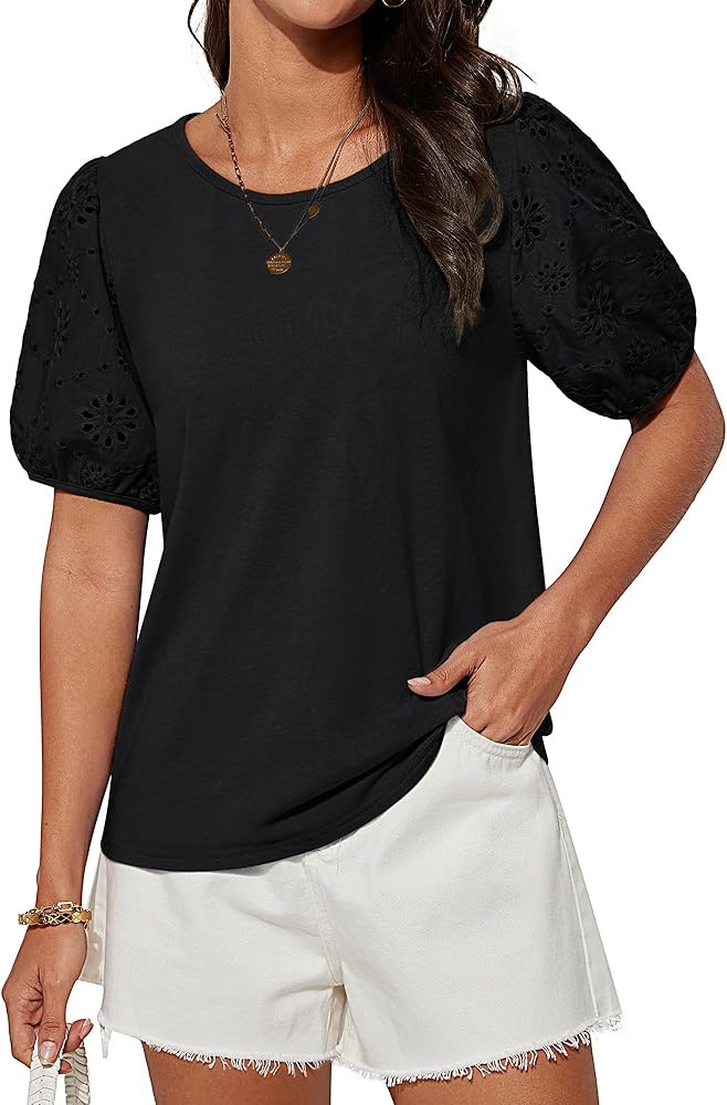 GRACE KARIN Short Sleeve Casual Tops for Women Dressy Summer Crewneck Puff Loose Fit Eyelet Top L... | Amazon (US)