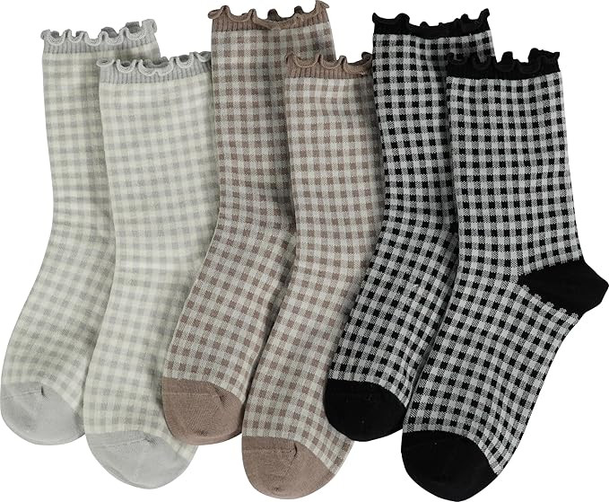 BomKinta Checkered Ruffle Socks Women - Cute Plaid Frilly Sock - Casual Crew Cotton Socks Size 5-... | Amazon (US)