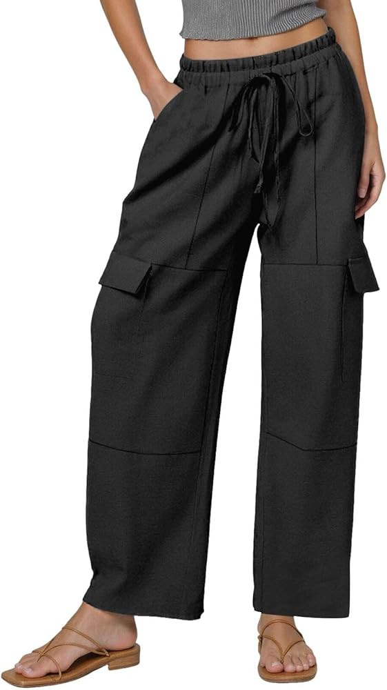 Women's Casual Drawstring Pants High Waisted Elastic Wide Leg Cargo Trousers with Pockets Comfort... | Amazon (US)