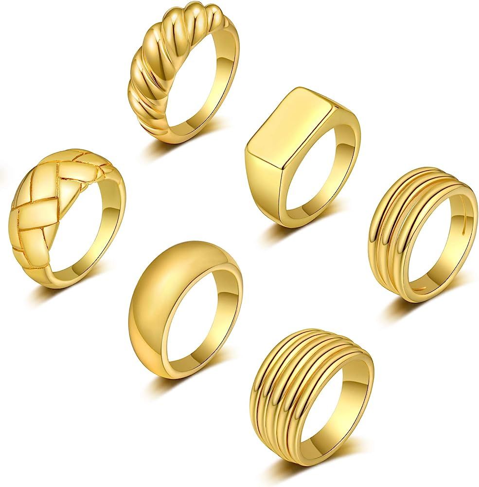 WFYOU 6PCS 18K Gold Plated Thick Dome Chunky Rings for Women Girls Braided Twisted Signet Chunky Gol | Amazon (US)