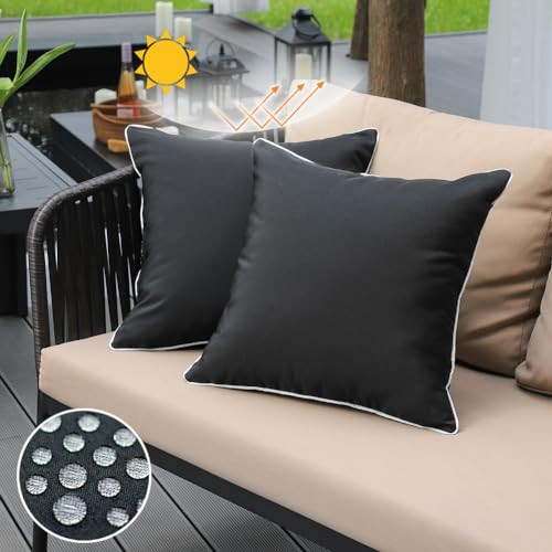 JOJOGOGO Black Outdoor Pillows Waterproof Throw Pillow Covers 18x18 Set of 2, Decorative Black and White Outdoor Sunproof Pillows 18 x 18 for Front Back Porch Patio Furniture (with White Piping) | Amazon (US)