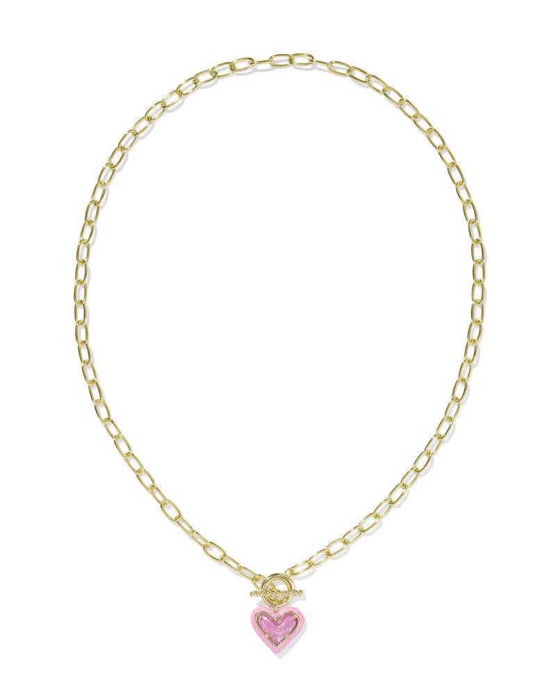 Ari Heart Gold Enamel Frame Link and Chain Necklace in Pink Iridescent Glitter Glass | Kendra Sco... | Kendra Scott