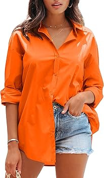 Womens Dressy Button Down Shirts Casual Long Sleeve V Neck Candy Color Blouse Loose Fit Tops | Amazon (US)