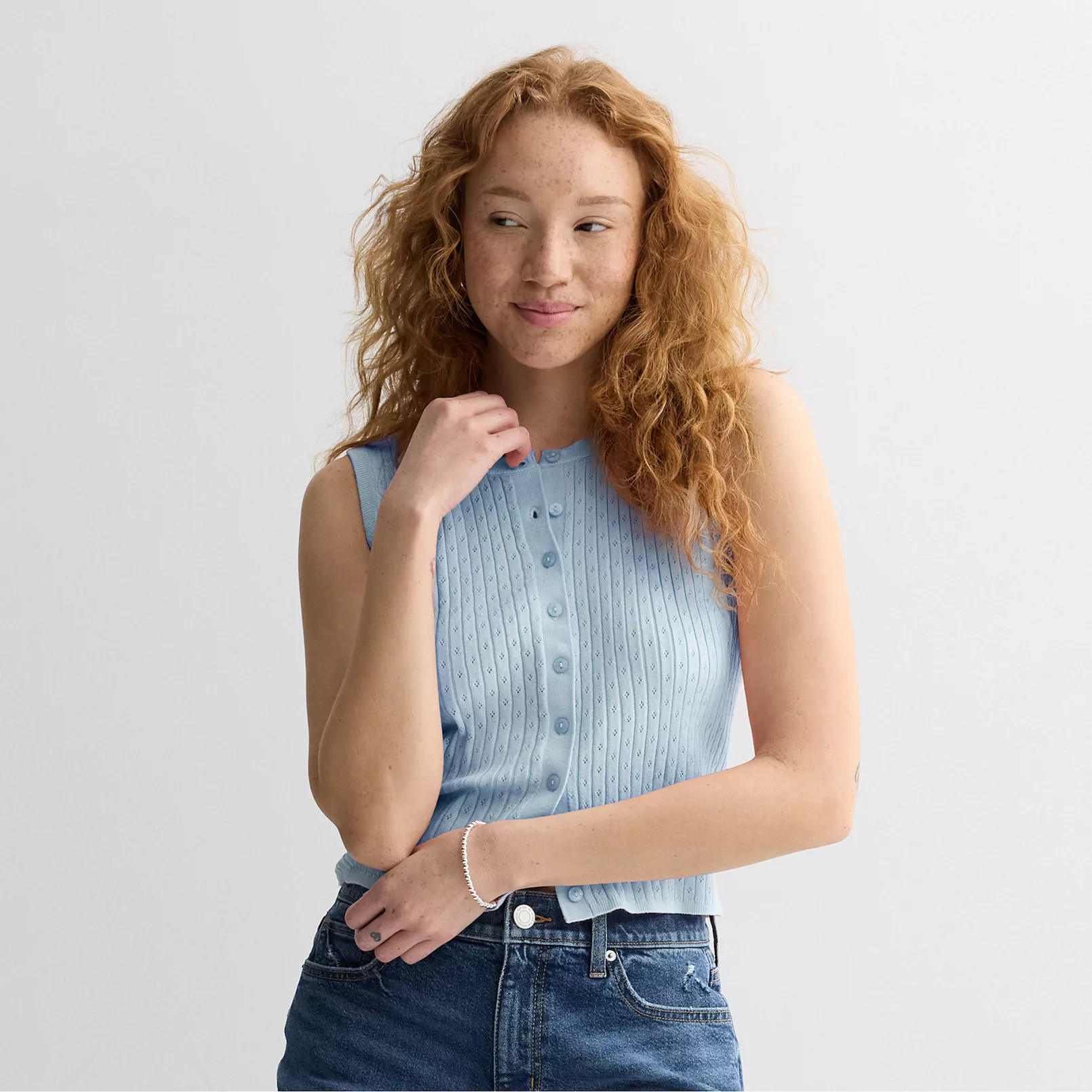 Juniors' madden girl Crew Neck Button Front Pointelle Rib Vest | Kohl's