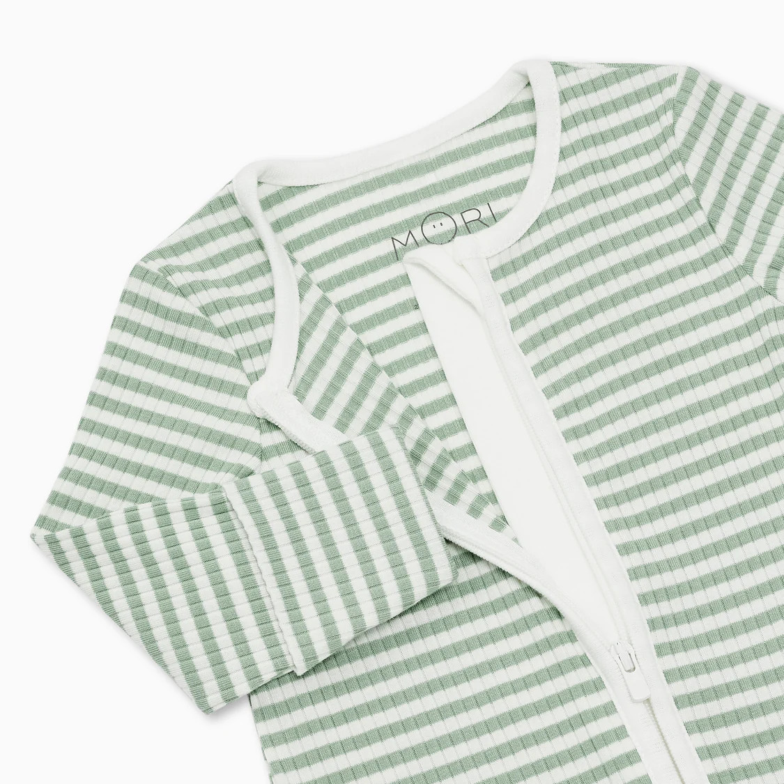 Sage Stripe Ribbed Clever Zip Footed Baby Pajamas | Baby Mori (US)