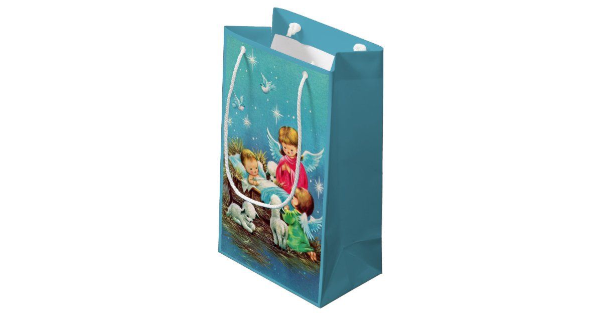 retro vintage Christmas Angels Holiday Small Gift Bag | Zazzle