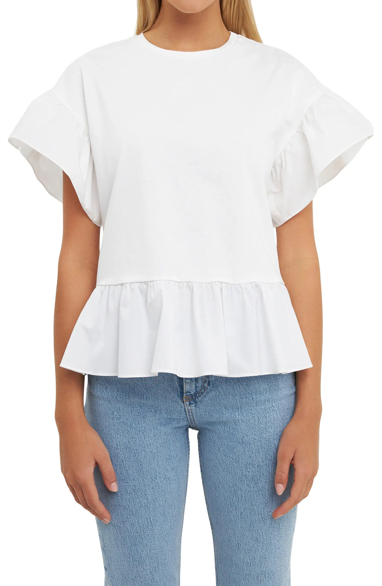 Mixed Media Flutter Sleeve Peplum Cotton Top | Nordstrom