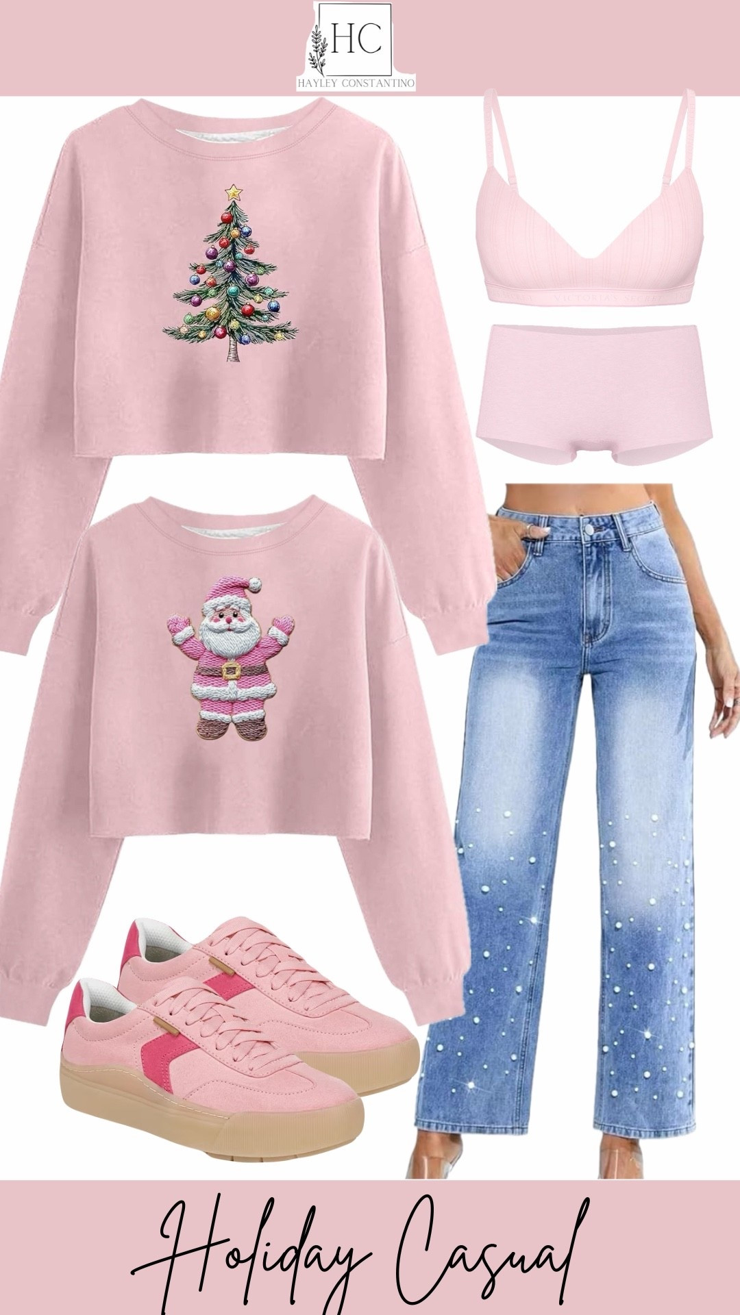 ✨ Holiday Casual Outfit – Cute, Cozy & Perfect for the Season ✨
This holiday-casual look is all about soft pink vibes with a festive twist! The outfit features two adorable cropped sweatshirts to choose from—one with a colorful Christmas tree graphic and another with a sweet pink Santa design. Both tops are comfy, cozy, and totally festive for the holiday season.
Underneath, the set includes a matching blush-pink bralette and boyshorts for a smooth, comfy base layer that stays hidden under your outfit. The jeans add a fun touch with their wide-leg fit and scattered pearl-like embellishments, giving a frosty, snowy sparkle effect without feeling too dressy.
To finish off the look, there’s a pair of light-pink sneakers with darker pink accents—cute, casual, and perfect for everyday wear during winter break.
This outfit is effortless, festive, and perfect for holiday parties, school events, gift shopping, or cozy days with friends. 🎄💗✨

#LTKHoliday #LTKGiftGuide #LTKootd