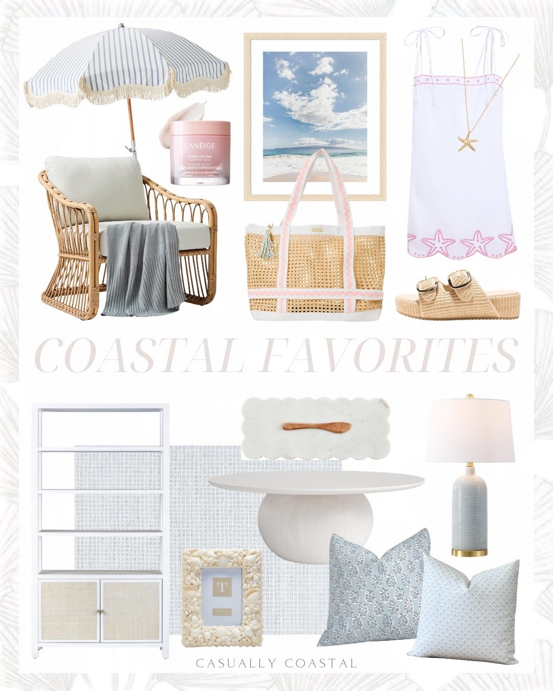 Coastal favorites! 

Coastal home decor, coastal style, coastal wall art, coastal rug, coastal lamp, coastal dress, coastal umbrella, coastal pillows, beach framed wall art, Serena & lily beach umbrella, coastal lounge chair, Lilly Pulitzer travel tote bag, caning beach bag, vineyard vines cover up dress, platform sandals, raffia espadrilles, starfish pendant necklace, outdoor throw blanket, coastal throw blanket, white scallop marble board, cutting board, solid wood single coffee table, white coffee table, wayfair rug, wool area rug, gray area rug, wood and raffia bookcase, ceramic table lamp, Etsy pillow covers, coastal pillow covers, floral throw pillow covers, laneige sleeping mask, shell photo frame, coastal photo frame

#LTKHome #LTKSeasonal