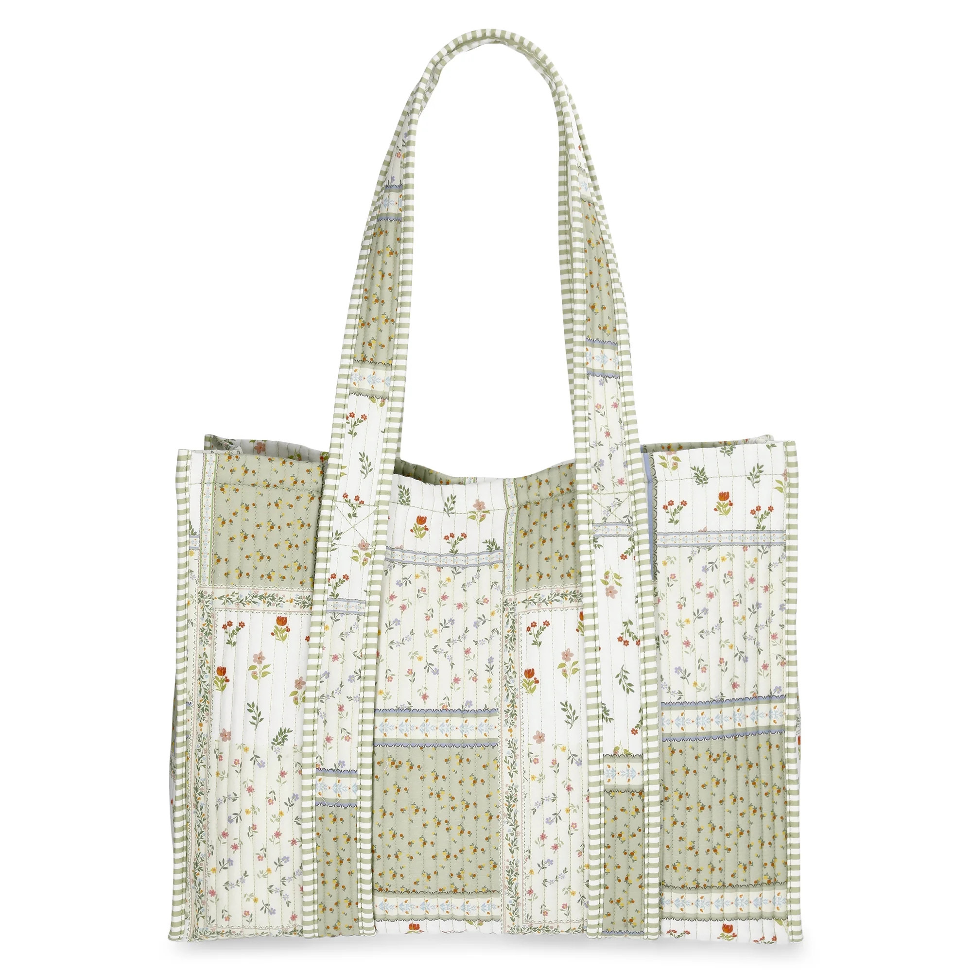 No Boundaries Women's Quilted Tote Bag, Green Patchwork/Stripe | Walmart (US)