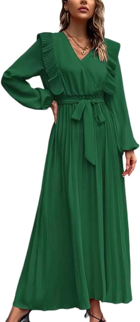 SOMLIZ Womens Casual Dress Ruffle Long Sleeve V Neck A-Line Maxi Dress with Belt | Amazon (US)