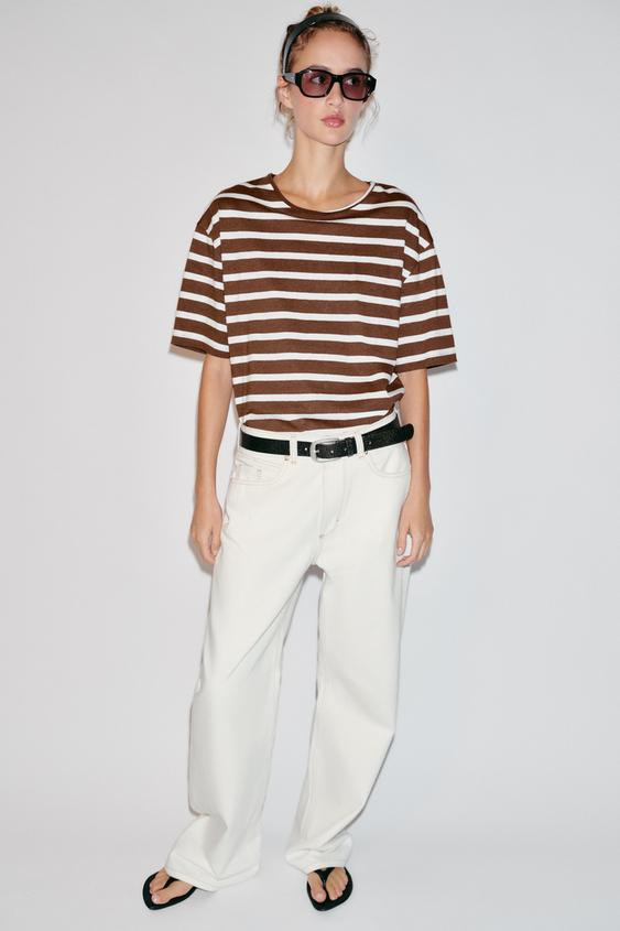 Zara - Striped Short Sleeve T-Shirt - Brown - S - Woman | Zara UK