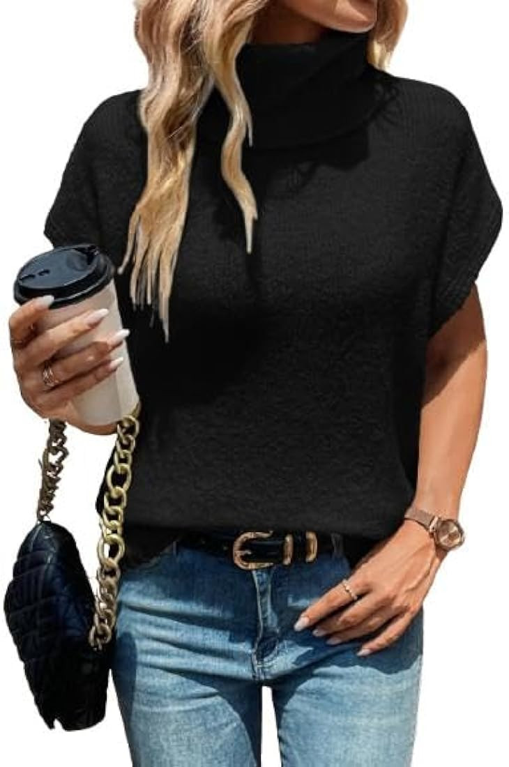 WDIRARA Women's Turtleneck Cap Sleeve Sweater Vest Pullover Knitted Top Loose Oversized Knitwear | Amazon (US)