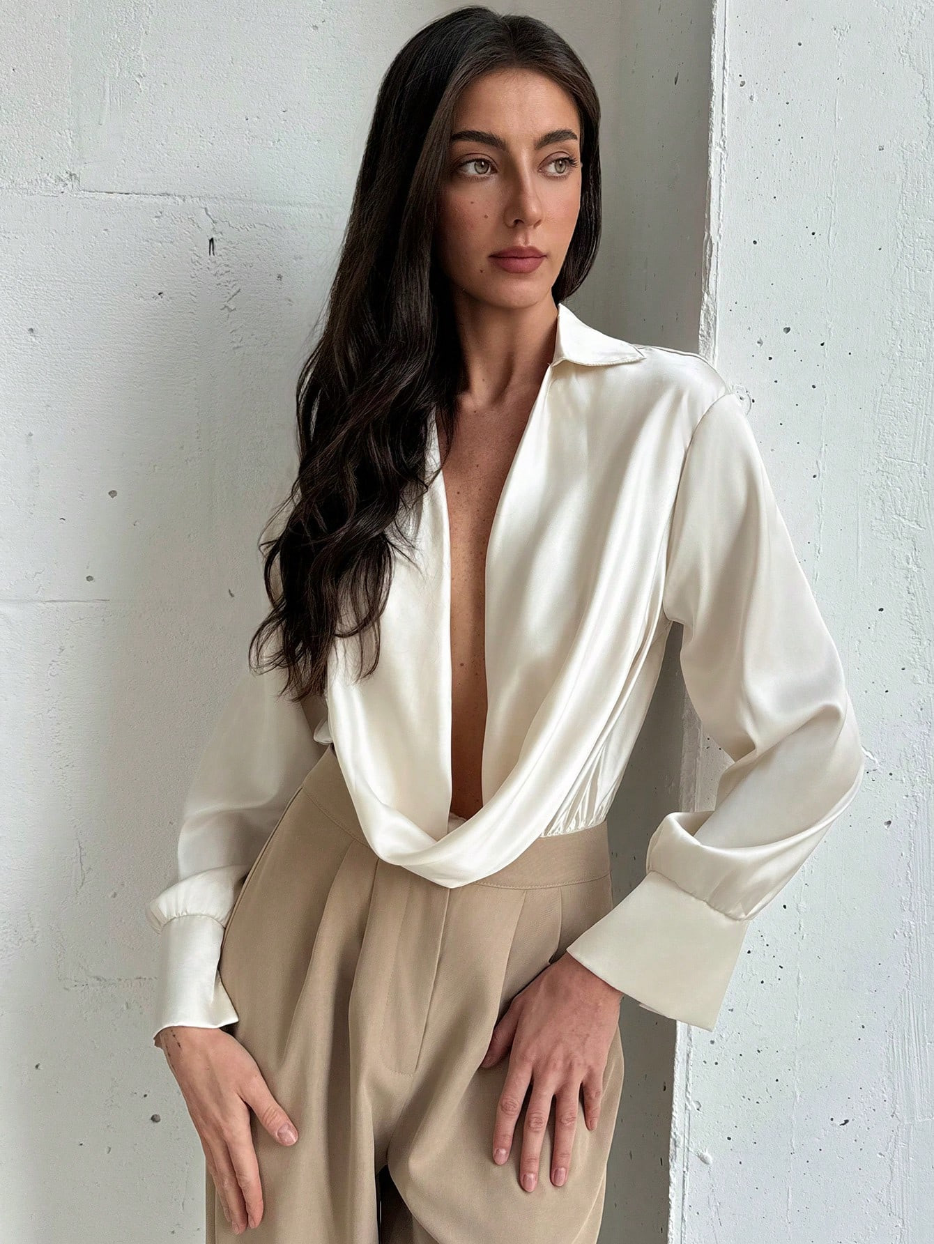 Aloruh Sexy Open Collar Simple Bodysuit | SHEIN USA | SHEIN